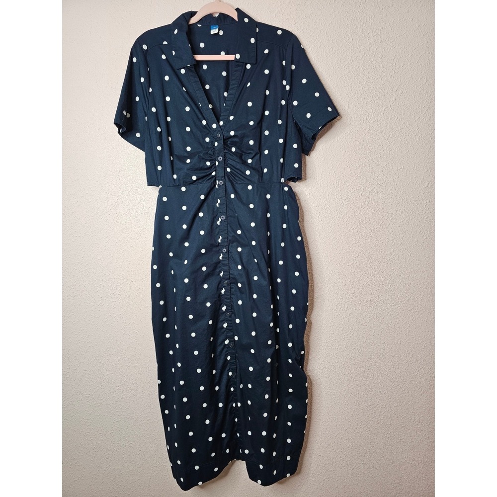 Old Navy Womens XL Polka Dot Midi Dress Navy Blue Short Sleeve Cutout Ruched